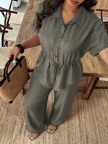Weeklong Plus Size Women's Solid Color Single-Breasted Knotted Asymmetrical Hem Top And Wide Leg Pants Casual Two Pieces Set - Army Green - View 6
