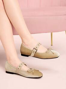 CUCCOO DOLLMOD 杏色软底天鹅绒金属铆钉装饰芭蕾舞蝴蝶结平底休闲玛丽珍鞋 - 韓國絨杏 - 查看 3