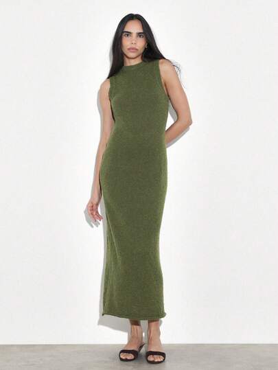 KSTM 女士橄榄绿无袖露背修身长款毛衣连衣裙，秋冬晚装