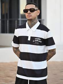 Devon Thys 男士休闲撞色条纹纽扣 Polo 衫 - 黑與白 - 查看 5