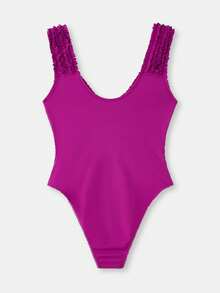 lacRébo Body con volantes de color morado oscuro con detalle texturizado en el busto, cuello de pico y silueta ajustada romántica de primavera y verano, estilo francés y parisino - Morado Violeta - Ver 11