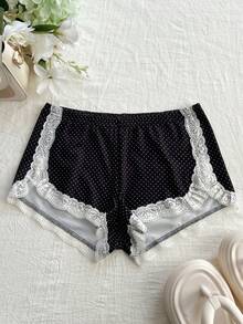 SHEIN Unity Women's Vintage Elegant Polka Dot Print Contrast Lace Shorts, Summer Sexy Shorts For Women Bum Shorts For Ladies - Black - View 1
