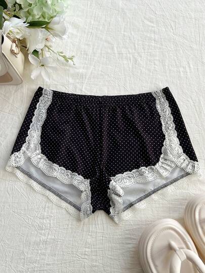 Elamini 女士复古优雅波点印花撞色蕾丝短裤，夏季