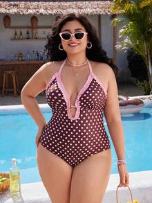 Swim Mod 大码女式波点印花褶皱领连体泳衣，甜美少女风 - 棕色 - 查看 6