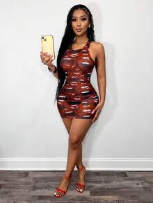 BamGleam Summer New Music Festival Street Sexy Sheer Lip Print Mini Skirt Dress For Women,Street Photography, Music Festival Parties - Multicolor - View 1