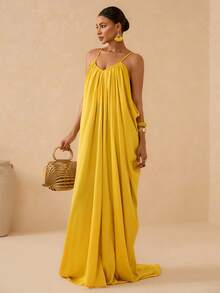 Vesra Spaghetti Strap Deep V-Neck Backless Pleated Draped Dress With Train, Sexy For Women - Yellow - View 7