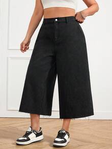 SHEIN CURVE+ Quần jeans nữ cỡ lớn cạp cao, có túi, ống rộng, dáng suông, dài đến 7/8, thích hợp cho mùa xuân hè, lễ hội, đi làm, nghỉ mát, tốt nghiệp, phong cách Y2K, dễ thương, thời trang đường phố, dự tiệc, đám cưới, thanh lịch, công sở, thường ngày. Quần jeans nữ cạp cao ống rộng với gấu quần rách, quần denim đen dáng lửng, quần denim tối giản, quần jeans thoải mái khi đi làm, quần jeans thời trang nữ, quần jeans tối giản thanh lịch. - màu đen - Xem 5