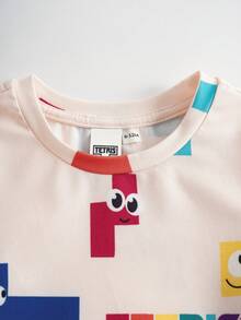 Tetris™ X SHEIN Bộ áo liền quần tay ngắn cổ tròn kiểu dáng thường ngày cho bé trai. - Màu be - Xem 3