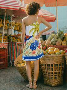 CAJUNI Tropical Print Casual Vacation Halter Dress - Multicolor - View 2