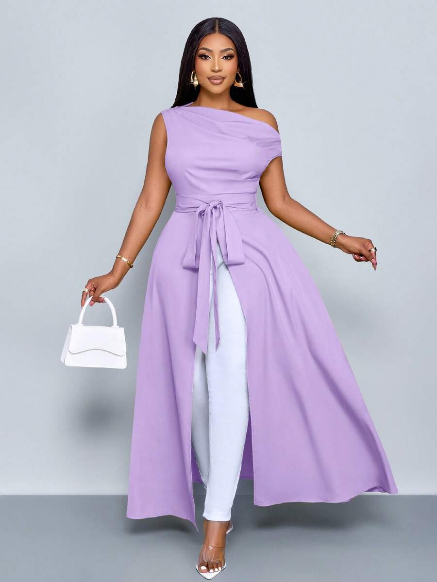 SOLERSUN Women's Plus Size Asymmetrical Neck Blouse Split Thigh Tie Front One Shoulder Shirts - Purple - View 1