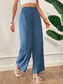 SHEIN Essnce Pantalones de verano para mujer, de rayas, con cordón en la cintura, rectos, sueltos, informales - Azul - Ver 5