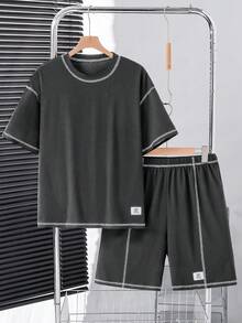 Vacaura 2件套青少年男童纯色简约圆领短袖针织T恤和短裤套装，撞色滚边设计，舒适面料，适合所有季节和场合。 - 灰色 - 查看 4