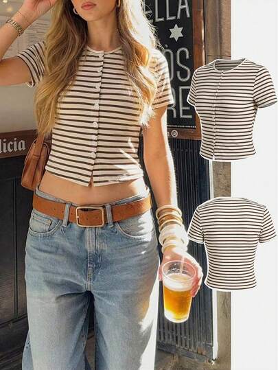 Pariaura 2026 New Arrival Women's Striped Button-Down Cropped Short Sleeve Cardigan T-Shirt - Casual Office Minimalist Style Versatile Easy-Match Top Short Sleeve Crop Top Crop Tees For Women Stripe Top Crop Tops Women Tshirt Summer Casual Tops Striped Tops Ribbed Tops For Women