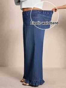 Elaquor 大码女式高腰口袋阔腿宽松休闲百搭牛仔裤 - 深色水洗藍 - 查看 5