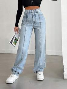 SHEIN Light Wash Straight Leg Jeans With Front Seam Details, Comfort, Jeans, Denim Pants - Light Wash - View 5