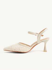 CUCCOO CHICEST Tacones altos elegantes de fiesta y banquete con puntera puntiaguda, correa de tobillo, malla bordada en color albaricoque, cómodos y transpirables - Albaricoque - Ver 8