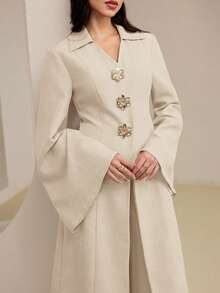 Veilorie Bộ đồ nữ màu trơn gồm áo dài tay và quần dài (2 món) - Màu be - Xem 5