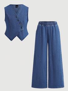 SHEIN Conjunto informal de niña preadolescente con chaleco de mezclilla y pantalones vaqueros de pierna ancha - Azul - Ver 4