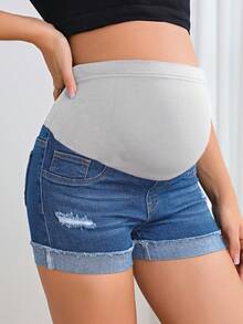 SHEIN Maternity Solid Color Casual Denim Shorts - Medium Wash - View 5