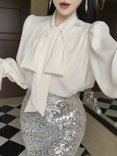 DAZY 女士纯色系带领褶皱优雅时尚长袖T恤