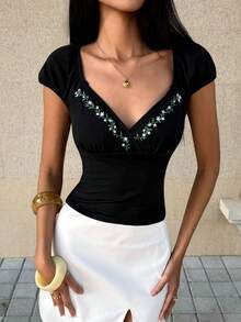 Elamini 女士V领时尚刺绣花卉短袖T恤，春夏款 - 黑色 - 查看 5