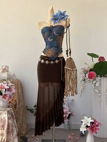 SuriyaCove 女士露背无袖印花上衣 - 藍色 - 查看 5