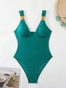 Swim Chiccia Women's Autumn New Solid Color Spaghetti Strap Pearl One-Piece Swimsuit, Sexy Elegant Resort Avant-Garde Minimalist Party Christmas One-Piece Swimsuit - Teal Blue - View 3