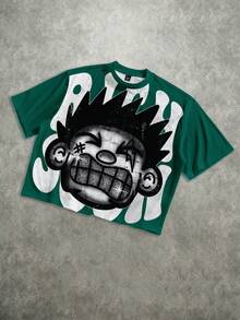 Manfinity ZONE917 Men's Casual Cartoon Print Round Neck Short Sleeve T-Shirt, Versatile For Daily Wear - Dark Green - View 3