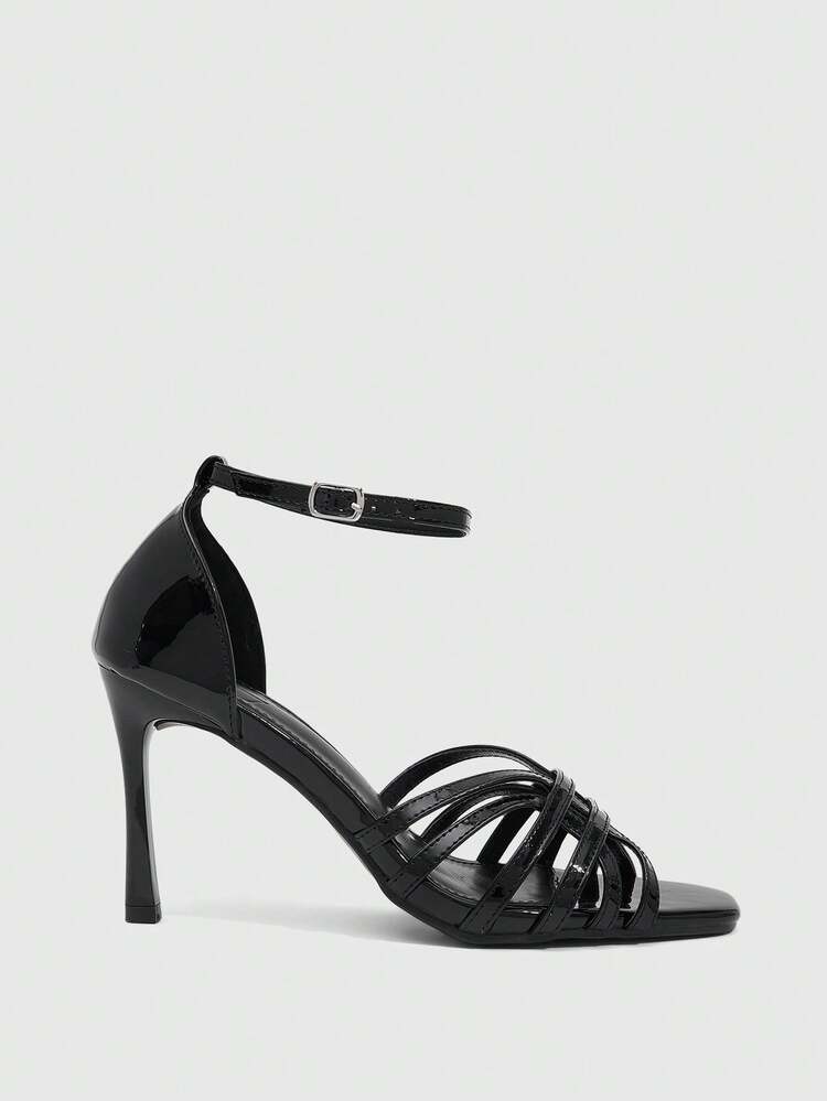 CUCCOO SZL Women's Black Patent Leather Peep Toe Strappy High Heel Sandals, Stylish And Glossy, Suitable For Party, Date Night, Summer Outfit Prom Heels