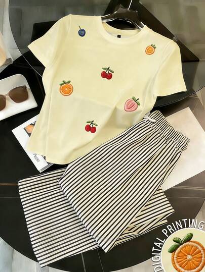 Resyla Women's Fruit Embroidery Round Neck Short Sleeve Top And Striped Print Pants Casual 2-Piece Set