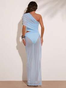 SHEIN BAE Đầm nữ kiểu dáng thường ngày, vai lệch, xếp ly eo, gấu khoét, thích hợp cho kỳ nghỉ biển, kỳ nghỉ cùng bạn bè, đi chơi thường ngày, hẹn hò, hẹn hò lãng mạn, tiệc cocktail, tiệc brunch. - Màu xanh nhạt - Xem 2