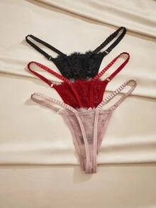 Charlaine Valentine's Day Women's Contrast Lace Bow Decor Sexy G-String Panties (Set Of 3) Bow Tie - Multicolor - View 2