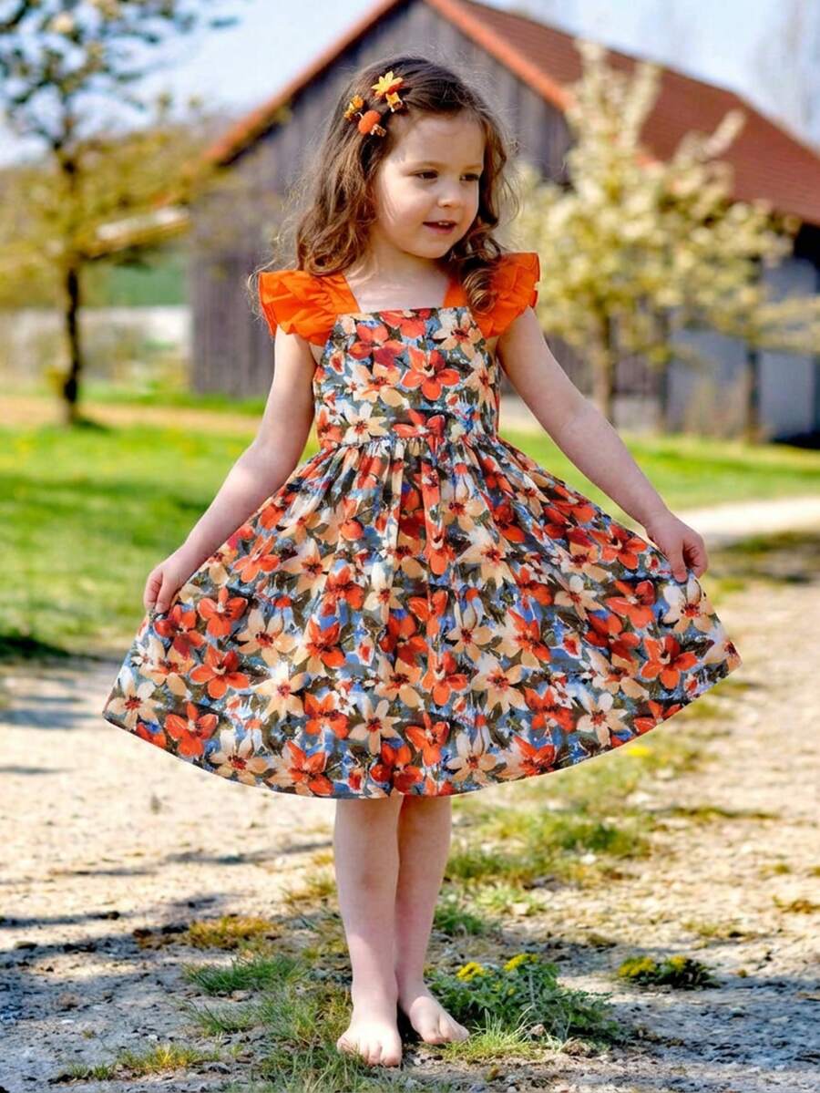 SHEIN 女童雪纺碎花方领荷叶边下摆休闲连衣裙 - 橘色 - 查看 1