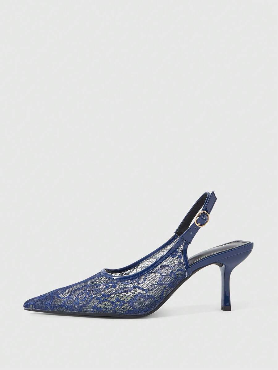 Sleekvia Women's New Pointed-Toe High-Heeled Shoes With Lace Material And Back Strap, Simple And Elegant Style Suitable For Commuting, Parties, Shopping, Wedding Season, And More - Blue - View 1