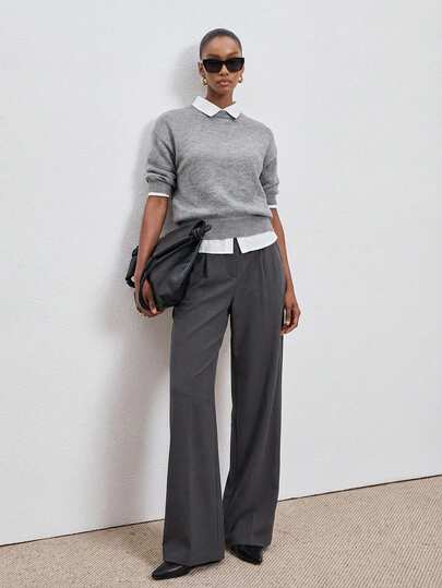 ATUI Studio 女士休闲简约圆领短袖针织上衣，女士秋季服装，灰色毛衣，毛衣上衣，短袖毛衣，女士毛衣