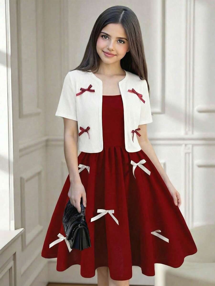 SHEIN Tween Girl Casual Elegant Bow Decor Top And Dress Set, Bow Clothes, - Red and White - View 1