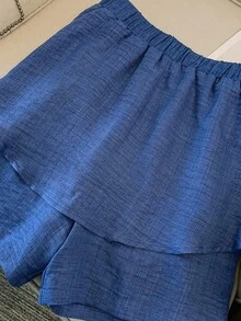 SHEIN Tall CURVE Bộ đồ 2 mảnh cỡ lớn với chi tiết bèo nhún, áo croptop không dây và quần, phong cách ngọt ngào và mát mẻ màu xanh dương. - Màu xanh lam - Xem 5