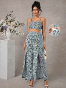 Momance Maternity Spaghetti Strap Ditsy Floral Sleeveless Top And Pants 2 Pieces Set, Summer - Green - View 1