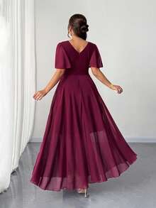 Elenzga Đầm chiffon dáng chữ A cổ chữ V tay bồng dành cho nữ cỡ lớn, mùa xuân/thu, thanh lịch và lãng mạn, thích hợp dự tiệc hoặc đám cưới. - Màu Đỏ Sâu - Xem 2