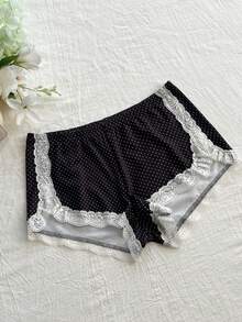 SHEIN Unity Women's Vintage Elegant Polka Dot Print Contrast Lace Shorts, Summer Sexy Shorts For Women Bum Shorts For Ladies - Black - View 3