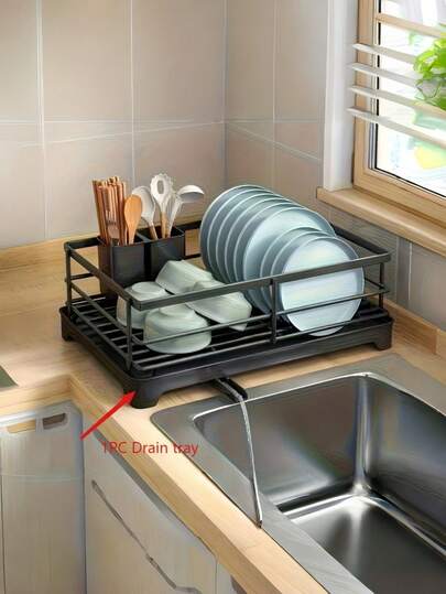 Heavy Duty ABS Plastic Dish Drying Rack With Drain System Over Sink Space Saving Non Clogging Drain Tray Compact Countertop Dishwasher Rack For Small Kitchen The Attribute "Gray" Is Actually Black. Refer To The Image For Accuracy