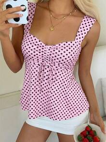 CovetEZ 2026 Spring/Summer New Women's Apparel: Pink Contrast Brown Polka Dot Sweet Cute Casual Versatile Ruffled Drawstring Blouse/Tank Top,Pink Top - Pink - View 5