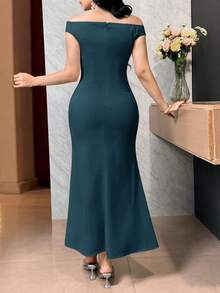 Feyla 女士时尚纯色露肩褶皱长款中长连衣裙 - 藍色 - 查看 7
