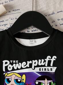 THE POWERPUFF GIRLS X SHEIN Áo thun tay ngắn cổ tròn in chữ hoạt hình dành cho bé gái, kiểu dáng thường ngày, đa năng. - màu đen - Xem 3