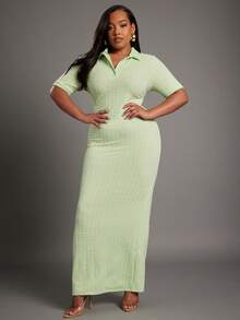 NYA SZN Avocado Green Summer Smart Casual Everyday Women's Plus Collared Textured Fitted Maxi Dress Modest Wedding Guest Prom Bridal Dinner Date Night Outfits - Green - View 6