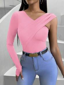 VaVaBold Vestido de manga larga ajustado y sexy con cuello en V y drapeado en unicolor para mujer - Rosa - Ver 4