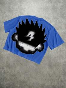 Manfinity ZONE917 Men's Casual Cartoon Print Round Neck Short Sleeve T-Shirt, Versatile For Daily Wear - Royal Blue - View 4
