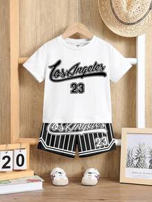 SHEIN 2件套男童休闲简约Y2K风格T恤短裤套装，英文字母、条纹、数字23，运动风，美式复古拼接，适合春夏穿着 - 彩色 - 查看 2
