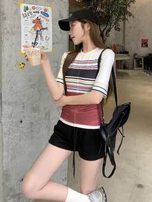 Dazy Kids 少女翻领短袖休闲条纹百搭日常T恤 夏季 - 彩色 - 查看 5