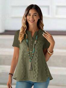EMERY ROSE 女士夏季棉质刺绣V领短袖衬衫 春季女装 - 軍綠色 - 查看 4